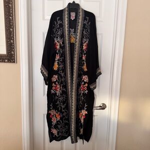Johnny Was Black Mayflower Embroidered Kimono Cardigan Full Length Long Boho.